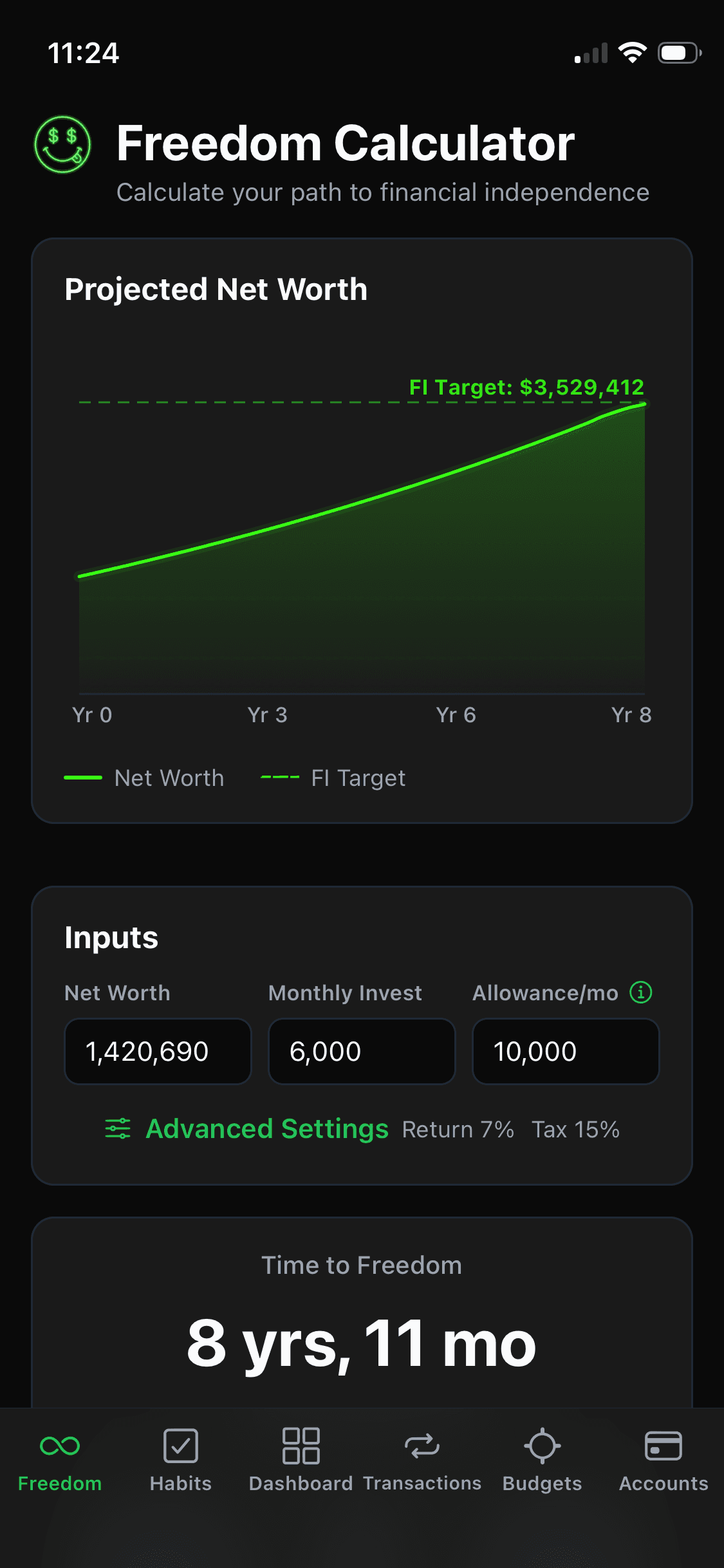 IndieDev FIRE — Freedom Calculator screen